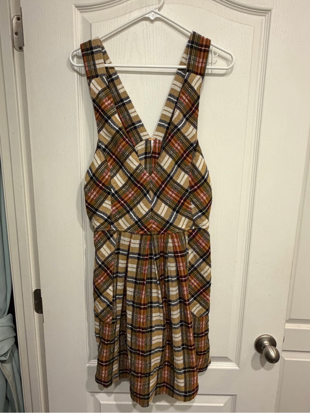 Free People Mustard Plaid V-Neck Mini Dress